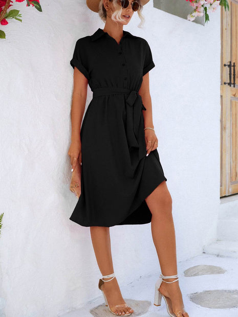 Buttoned Tie Waist Short Sleeve Dress - MimiStylez