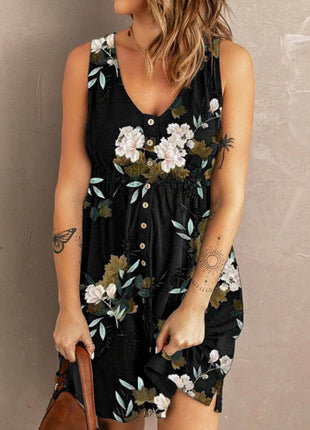 Double Take Printed Scoop Neck Sleeveless Buttoned Magic Dress with Pockets - MimiStylez