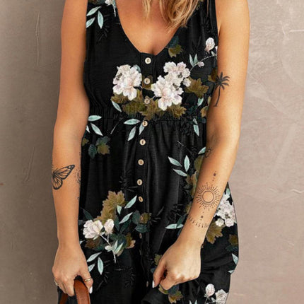 Double Take Printed Scoop Neck Sleeveless Buttoned Magic Dress with Pockets - MimiStylez