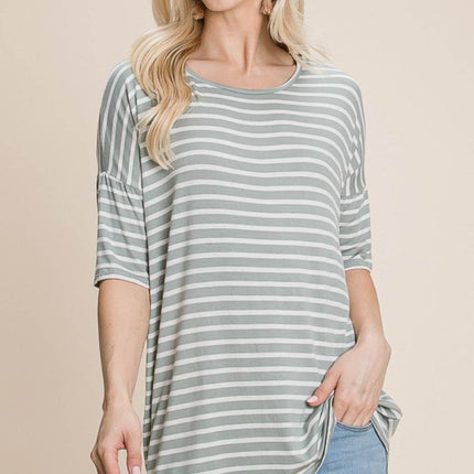 BOMBOM Striped Round Neck T-Shirt - MimiStylez