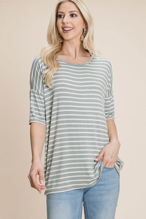 BOMBOM Striped Round Neck T-Shirt - MimiStylez