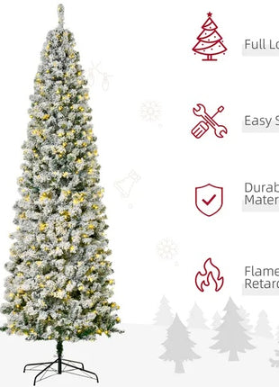 9FT Pre-Lit Snow-Flocked Slim Douglas Fir Christmas Tree With Realistic Branches, 550 LED Lights And 988 Tips
