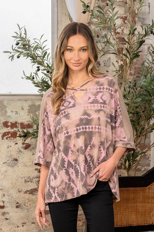 Sew In Love Full Size Aztec Distress Print Half Sleeve Crisscross Top - MimiStylez