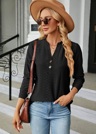 Notched Neck Long Sleeve Buttoned Blouse - MimiStylez