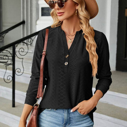 Notched Neck Long Sleeve Buttoned Blouse - MimiStylez