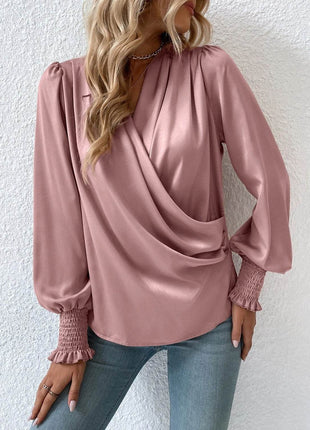 Surplice Smocked Lantern Sleeve Blouse - MimiStylez