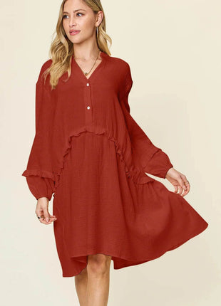 Double Take Full Size Texture Half Button Ruffle Trim Dress - MimiStylez