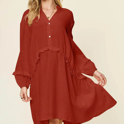 Double Take Full Size Texture Half Button Ruffle Trim Dress - MimiStylez