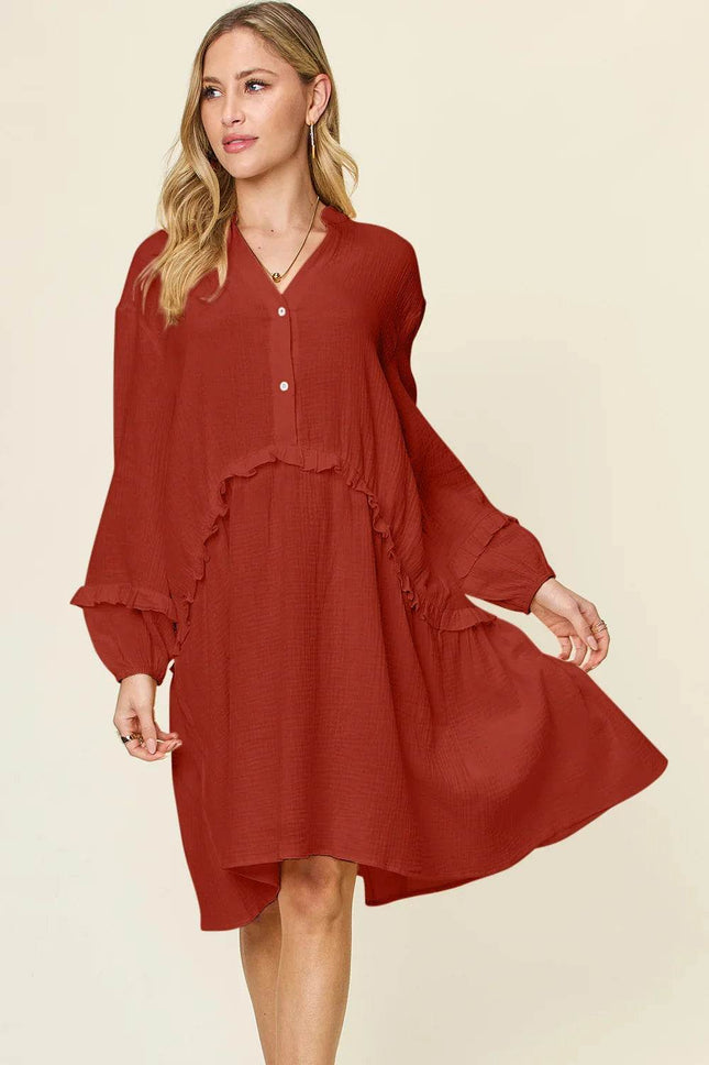 Double Take Full Size Texture Half Button Ruffle Trim Dress - MimiStylez