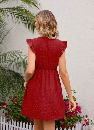 Swiss Dot Ruffled V-Neck Dress - MimiStylez