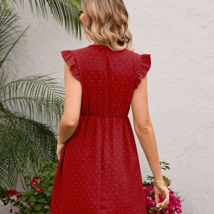 Swiss Dot Ruffled V-Neck Dress - MimiStylez