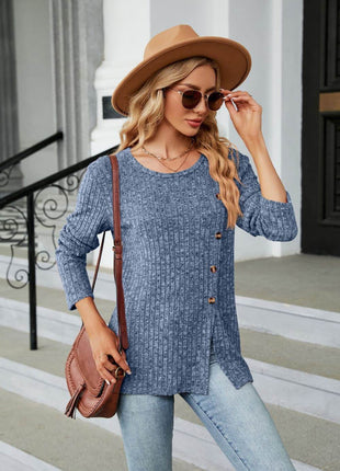 Buttoned Long Sleeve Slit Top - MimiStylez