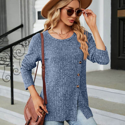 Buttoned Long Sleeve Slit Top - MimiStylez