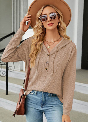 Drawstring Half Button Long Sleeve Hoodie - MimiStylez