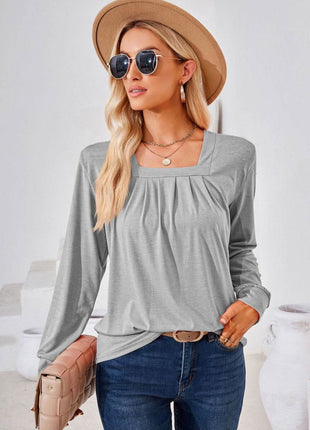 Square Neck Ruched Long Sleeve Blouse - MimiStylez