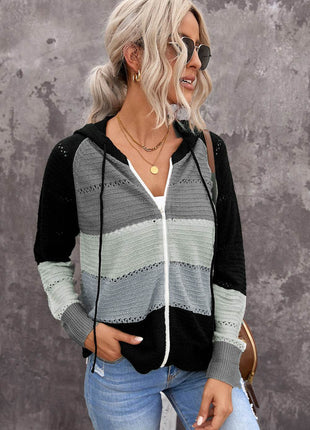 Zip-Up Raglan Sleeve Openwork Hooded Cardigan - MimiStylez