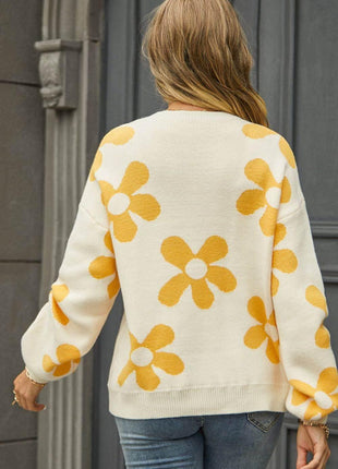 Floral Print Round Neck Dropped Shoulder Pullover Sweater - MimiStylez