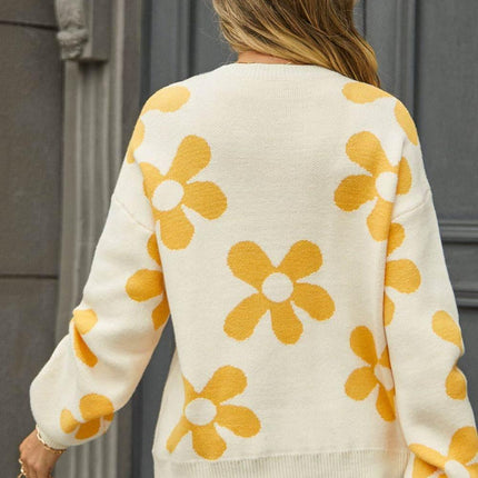 Floral Print Round Neck Dropped Shoulder Pullover Sweater - MimiStylez