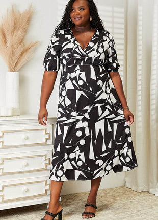 Printed Surplice Balloon Sleeve Dress - MimiStylez