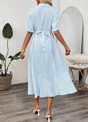 Striped Button-Down Midi Shirt Dress with Ruffle Sleeves - MimiStylez