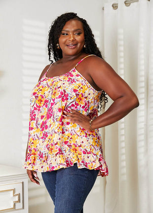 Double Take Floral Scoop Neck Ruffle Hem Cami - MimiStylez