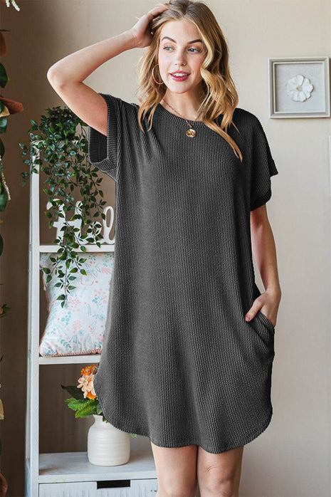 Heimish Full Size Ribbed Round Neck Short Sleeve Tee Dress - MimiStylez