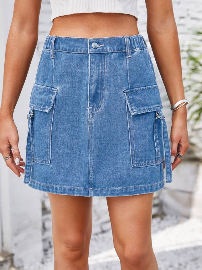 Pocketed Buttoned Denim Skirt - MimiStylez