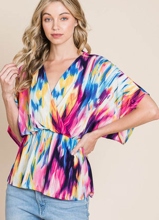 BOMBOM Printed Surplice Peplum Blouse - MimiStylez