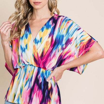 BOMBOM Printed Surplice Peplum Blouse - MimiStylez