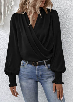 Surplice Smocked Lantern Sleeve Blouse - MimiStylez
