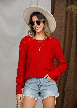 Openwork Round Neck Raglan Sleeve Sweater - MimiStylez