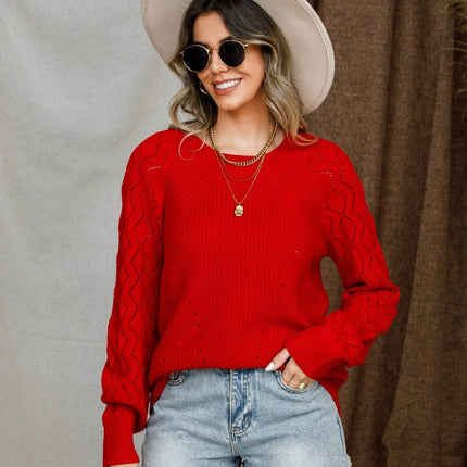 Openwork Round Neck Raglan Sleeve Sweater - MimiStylez