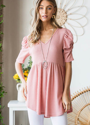 Heimish Full Size Waffle Knit V-Neck Babydoll Top - MimiStylez