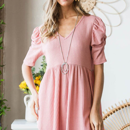 Heimish Full Size Waffle Knit V-Neck Babydoll Top - MimiStylez