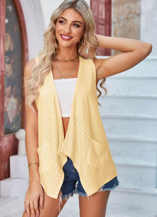 Eyelet Open Front Sleeveless Cardigan - MimiStylez