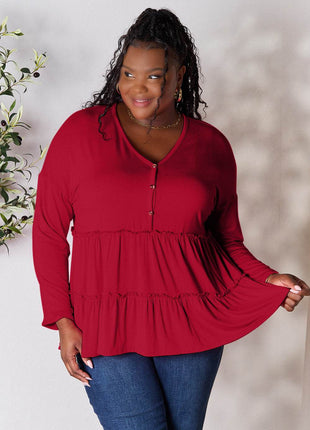 Double Take Half Button Long Sleeve Ruffle Hem Blouse - MimiStylez