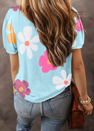 Flower Round Neck Short Sleeve Blouse - MimiStylez