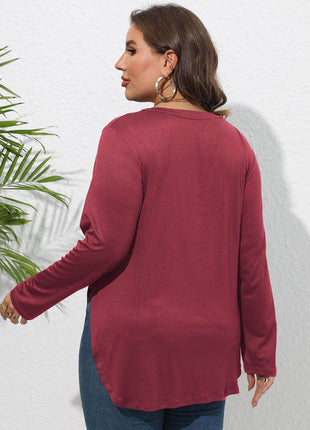 Plus Size Round Neck Long Sleeve Slit T-Shirt - MimiStylez