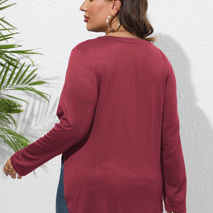 Plus Size Round Neck Long Sleeve Slit T-Shirt - MimiStylez