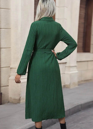 Perfee Texture Tied Collared Neck Button Front Dress - MimiStylez
