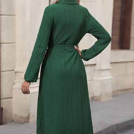 Perfee Texture Tied Collared Neck Button Front Dress - MimiStylez