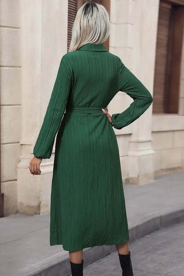 Perfee Texture Tied Collared Neck Button Front Dress - MimiStylez