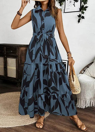 Women Sleeveless Boho Floral Maxi Dress Summer Button Shirt V Neck Flowy Belted Beach Vacation Dresses - MimiStylez