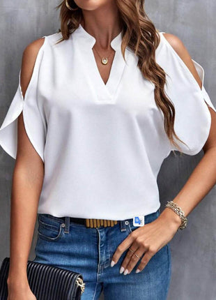 Notched Cold Shoulder Half Sleeve Blouse - MimiStylez