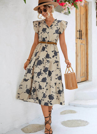 Floral Frill Trim V-Neck Tiered Midi Dress - MimiStylez
