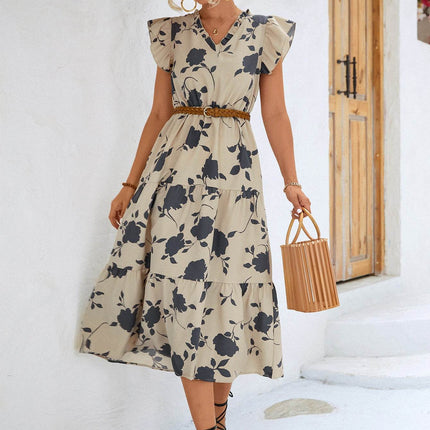 Floral Frill Trim V-Neck Tiered Midi Dress - MimiStylez