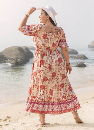 Plus Size Printed Square Neck Ruffle Hem Dress - MimiStylez