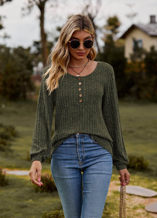 Round Neck Button-Down Long Sleeve Tee - MimiStylez