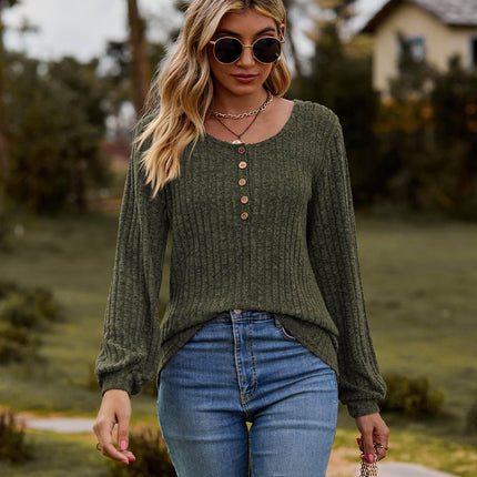 Round Neck Button-Down Long Sleeve Tee - MimiStylez