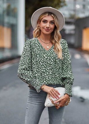 Printed V-Neck Lantern Sleeve Blouse - MimiStylez